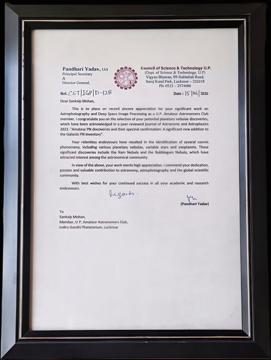 Letter of appreciation from the Council of Science and Technology, Uttar Pradesh